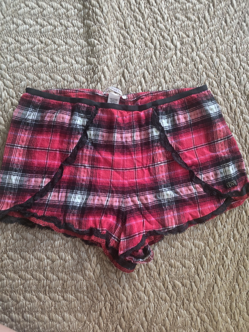 Victoria Secret Plaid Red Sleep Shorts with Lace Trim